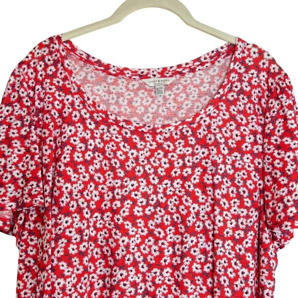Lucky Brand Womens Knit Top XL Red White Floral Print Scoop Neck Cotton Modal - Picture 2 of 7